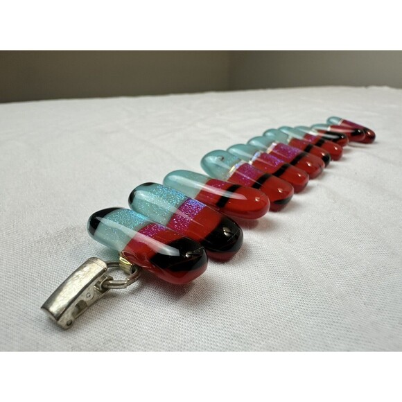 Bracelet - Red And Blue Handmade Glass W/ 925 Sterling Silver Links - Picture 1 of 14